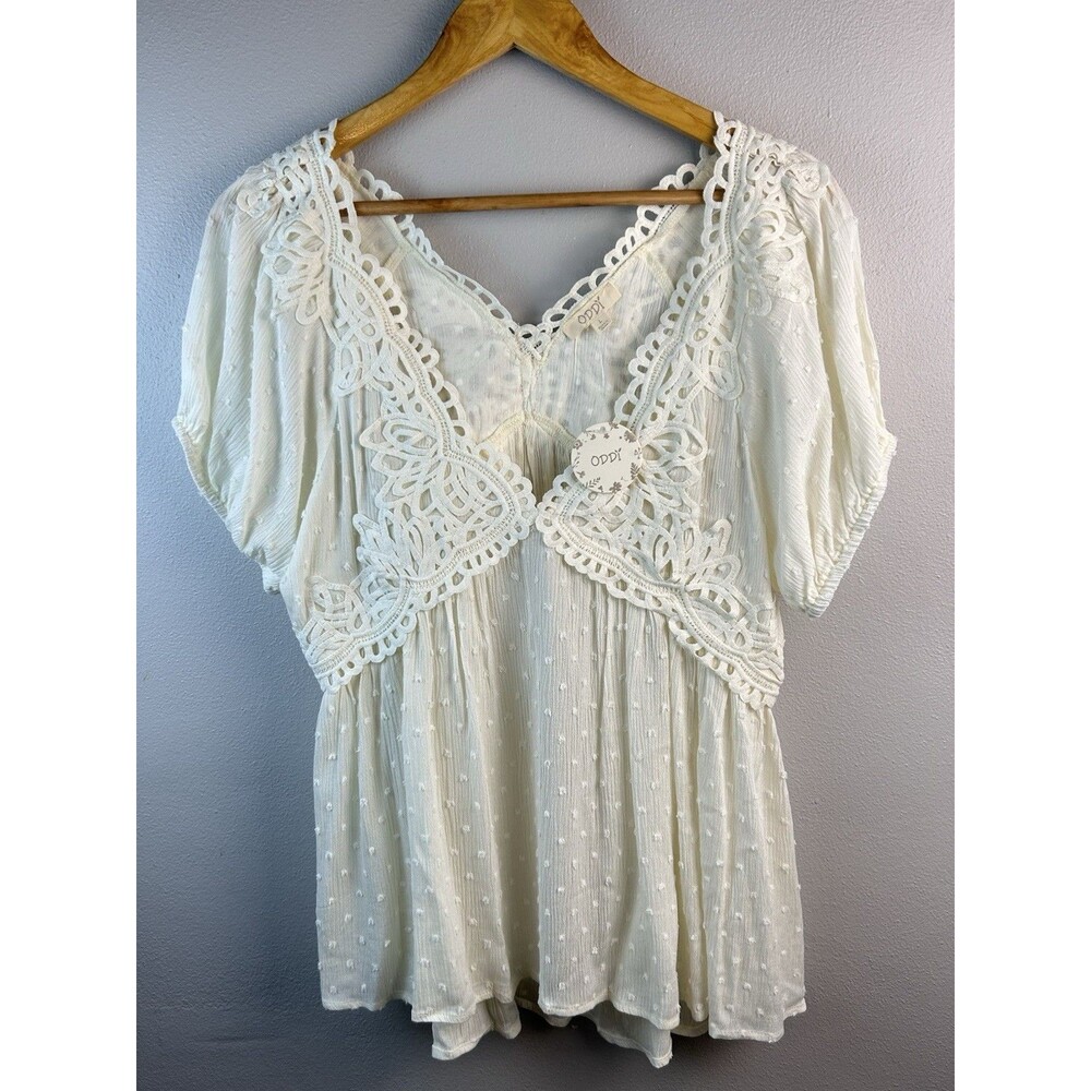 oddi Boho Babydoll Cream Crochet Lace V Neck Flowy Top SIze L NWT